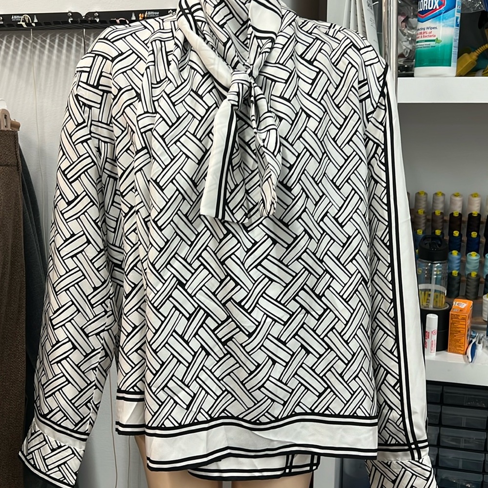 Bottega Veneta black and white scarf print wrap front blouse